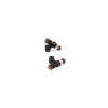 DeatschWerks 1500cc fuel injectors, set of 2, side angle view showing electrical connectors, O-rings and nozzle tips.