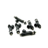 Set of six DeatschWerks 440cc top feed fuel injectors for Nissan Skyline RB20, angled view showing electrical connectors and o-rings