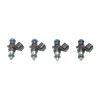Set of four Deatschwerks 1000cc fuel injectors, side view showing electrical connectors and green O-rings.