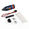 Deatschwerks DW420 fuel pump with wiring connector, hose clamps, mounting clip, and install kit parts