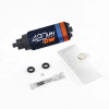 Deatschwerks DW420 fuel pump with install kit, showing pump body, filter sock, o-rings and grease packet
