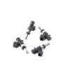 Set of four Deatschwerks Bosch EV14 1250cc fuel injectors, top down angled view showing electrical connectors and O-rings