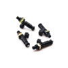Set of four Deatschwerks Bosch EV14 1250cc fuel injectors, angled view showing top connectors and clips
