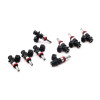 Set of 8 Deatschwerks 1250cc fuel injectors, angled view showing red O-rings and connector clips.