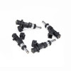 Set of four DeatschWerks 850cc fuel injectors for Dodge Dart 1.4L Turbo, angled view showing electrical connectors and O-rings.