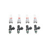 DeatschWerks 2400cc TBI fuel injector set of 4 with wiring connectors, front view showing O-rings and plugs
