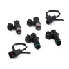 DeatschWerks fuel injector set for Mazda FD RX7, four injectors with two wiring harness connectors shown.