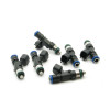 Set of six DeatschWerks 550cc fuel injectors, angled view showing blue tops, connectors and O-rings