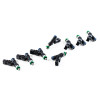 DeatschWerks 440cc fuel injectors, set of 8, diagonal view showing electrical connectors and O-ring tips