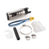 DeatschWerks DW400 in-tank fuel pump with wiring, hose clamps, strainer and install kit parts laid out on white background