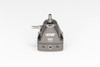 DeatschWerks DWR1000iL titanium fuel pressure regulator, front angle view showing DW logo, flow arrow and fittings