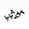 Set of six DeatschWerks 2200cc fuel injectors for BMW M54/S54, angled view showing electrical connectors and o-rings