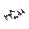 Set of six DeatschWerks 600cc top feed fuel injectors for BMW E46 M52, black bodies with O-rings, angled view