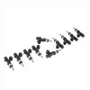 DeatschWerks 1100cc fuel injectors, set of 10, arranged in a curved row on white background
