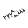 DeatschWerks 1100cc fuel injectors, set of 8, angled view showing black bodies, connectors, and fuel rail ends.