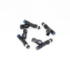 Set of four DeatschWerks 440cc fuel injectors, black bodies with blue O-rings, arranged in a diamond layout.