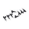 Set of 8 DeatschWerks 850cc fuel injectors arranged in a staggered row, angled view showing electrical connectors and nozzle tips.