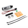 DeatschWerks DW200 255 LPH fuel pump kit with wiring, hose clamps, filter sock, and zip ties