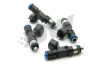 Set of four DeatschWerks 750cc fuel injectors, top down view showing blue tops, connectors and O-ring seals.