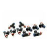 DeatschWerks 42lb fuel injectors, set of ten, angled view showing color-coded connectors and O-rings.