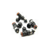 DeatschWerks Bosch EV14 220lb/hr fuel injectors, set of 4, angled view showing nozzles and electrical connectors