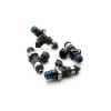 Set of 4 DeatschWerks Bosch EV14 48mm fuel injectors, top down angle, blue connectors visible.
