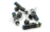 Set of four DeatschWerks EV14 60lb/hr fuel injectors, angled view showing blue top clips and green O-rings.
