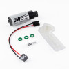 DeatschWerks DW65C fuel pump kit with wiring harness, three green seals, lube packet, and mounting bracket.