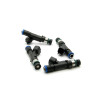Set of four DeatschWerks 900cc fuel injectors for 2010-2013 Kia Forte, showing blue and green O-rings and electrical connectors.