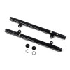 DeatschWerks Coyote 5.0 fuel rails, two black bars with mounting tabs, end caps and O-rings shown