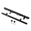 DeatschWerks LS1/LS6 fuel rails pair, black finish, top angled view with two end caps and O-rings shown below
