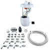 DeatschWerks DW400 fuel pump module with braided PTFE lines, filter, regulator, gauge and fittings laid out