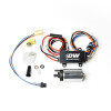 DeatschWerks DW440 brushless fuel pump kit with controller, wiring harness, connectors and install hardware laid out flat