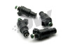 Set of four DeatschWerks 550cc top feed fuel injectors for 95-99 DSM 4G63, black bodies with green O-rings.
