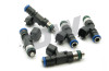DeatschWerks 650cc fuel injectors for Focus MK2 ST/RS, set of five, showing top connectors and O-ring nozzle tips.