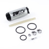 DeatschWerks DW65v 265 LPH fuel pump kit, angled view with hose, o-rings, and hose clamps