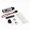 DeatschWerks DW300 fuel pump kit with pump, wiring harness, hose clamps, filter sock, and rubber mount shown
