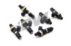 DeatschWerks EV14 1200cc fuel injectors, set of six, angled view showing black bodies, top connectors and mounting clips.