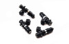 Set of four DeatschWerks Bosch EV14 1200cc fuel injectors, black bodies with electrical connectors, top angled view