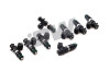 Set of eight DeatschWerks EV14 1200cc fuel injectors, black bodies with green O-rings, angled view.