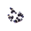 Set of four DeatschWerks EV14 1500cc fuel injectors, black bodies with blue clip tops and green O-rings.
