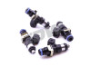 DeatschWerks 1500cc EV14 fuel injectors for Evo X 4B11T, set of four, top angled view showing blue O-rings and mounting clips