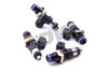 DeatschWerks EV14 1500cc fuel injectors, set of 4, angled view showing top connectors and nozzles.
