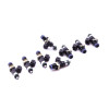 DeatschWerks EV14 1500cc fuel injectors, set of 8, angled view showing blue O-rings and electrical connectors
