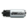 DeatschWerks DW65C 265 LPH compact fuel pump, side view showing black inlet housing and silver body