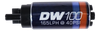 DeatschWerks DW100 165 LPH in-tank fuel pump, angled view showing electrical connector and inlet fitting