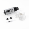 DeatschWerks DW65C 265 LPH fuel pump with mounting bracket, O-rings, and lubricant packet, top view