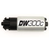 DeatschWerks DW300C 340lph compact fuel pump, side view showing black inlet strainer and silver pump body