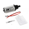 DeatschWerks DW300M 340 LPH fuel pump with wiring connector, install kit, filter sock and lube shown from top angle