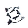 DeatschWerks 800cc fuel injector set with wiring adapters for 13-14 Hyundai Genesis Coupe 2.0T, top view.